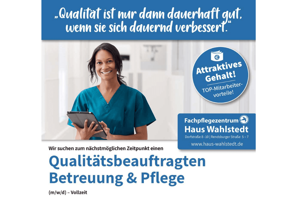 Qualitätsbeauftragter Betreuung & Pflege (m/w/d) – Vollzeit bei Fachpflegezentrum Haus Wahlstedt